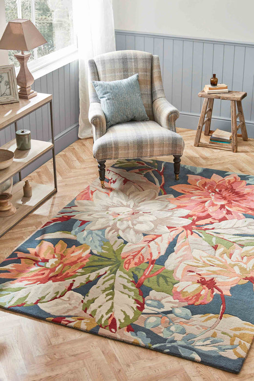 Laagpolig vloerkleed Sanderson Dahlia & Rosehip Teal 50608